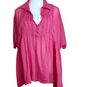 FREE PEOPLE Gauzy Sheer Breathable Blouse Top Oversized Large Pink Made In India